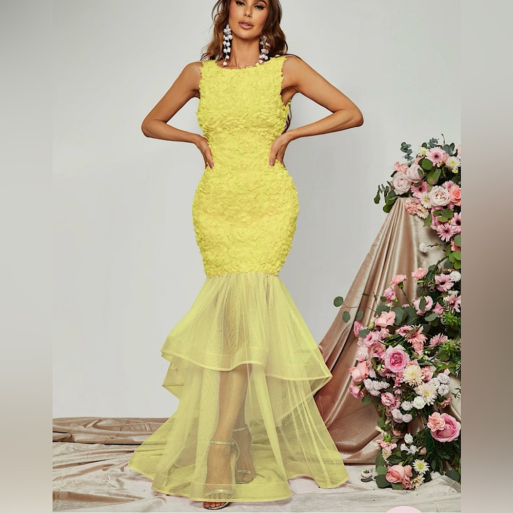 Faeriesty $124 Sz XS Yellow Sleeveless Mesh Mermaid 3D Flower Dress Spring Tulle